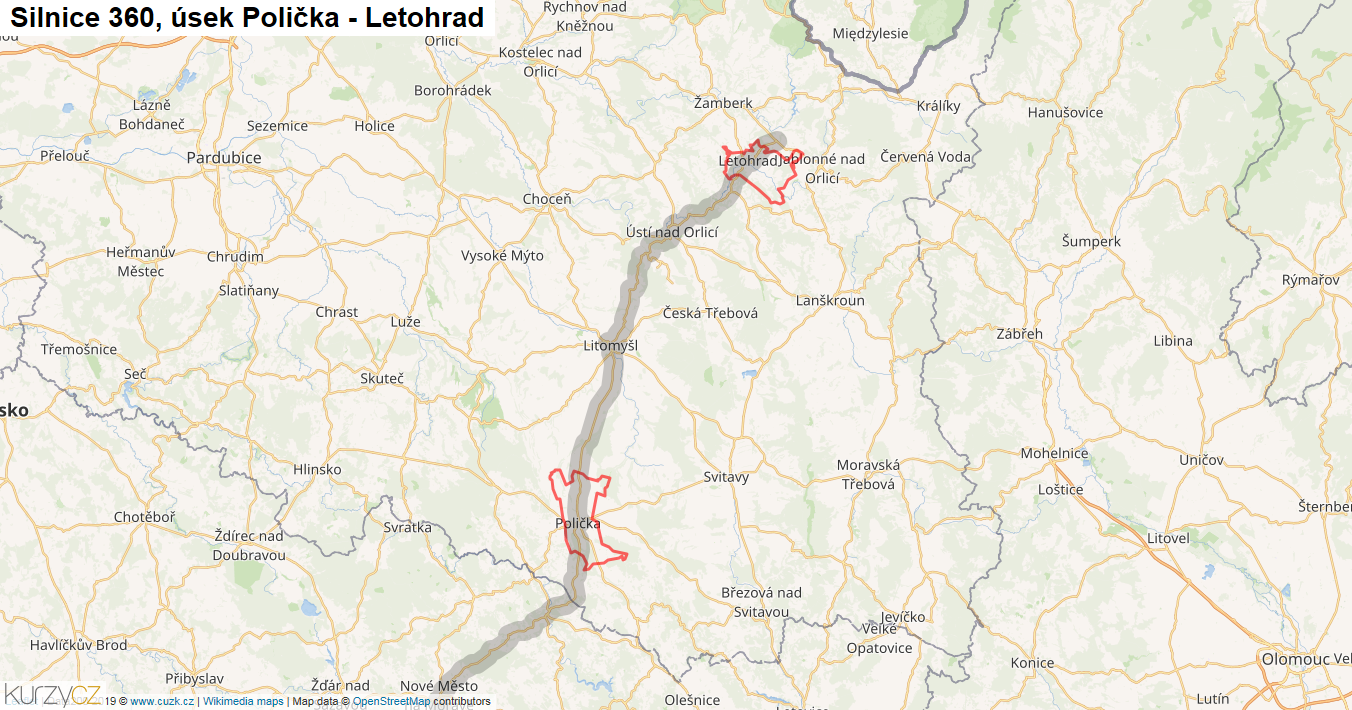 Úsek Polička - Letohrad, Silnice 360 - Mapa
