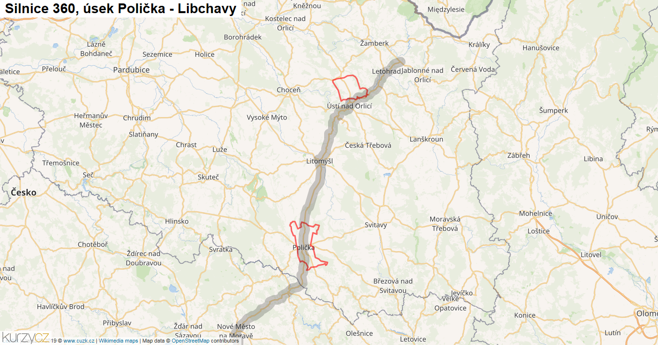 Úsek Polička - Libchavy, Silnice 360 - Mapa