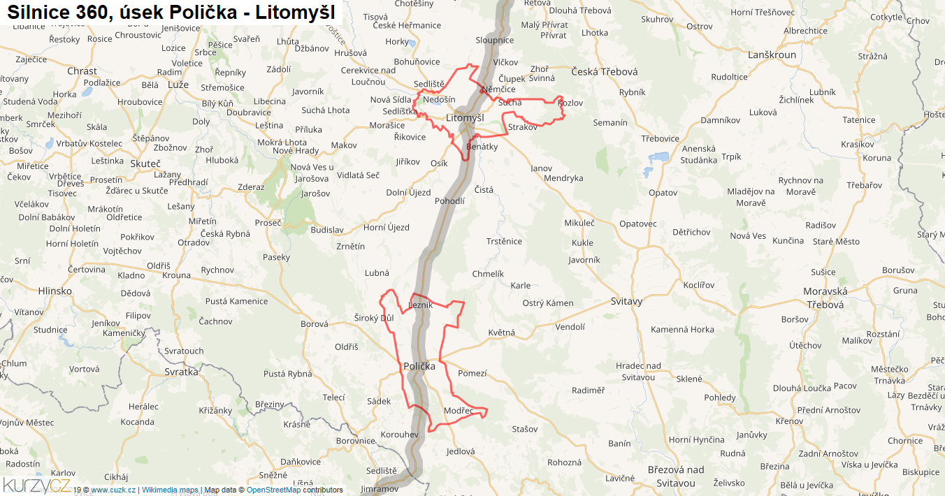 Úsek Polička - Litomyšl, Silnice 360 - Mapa