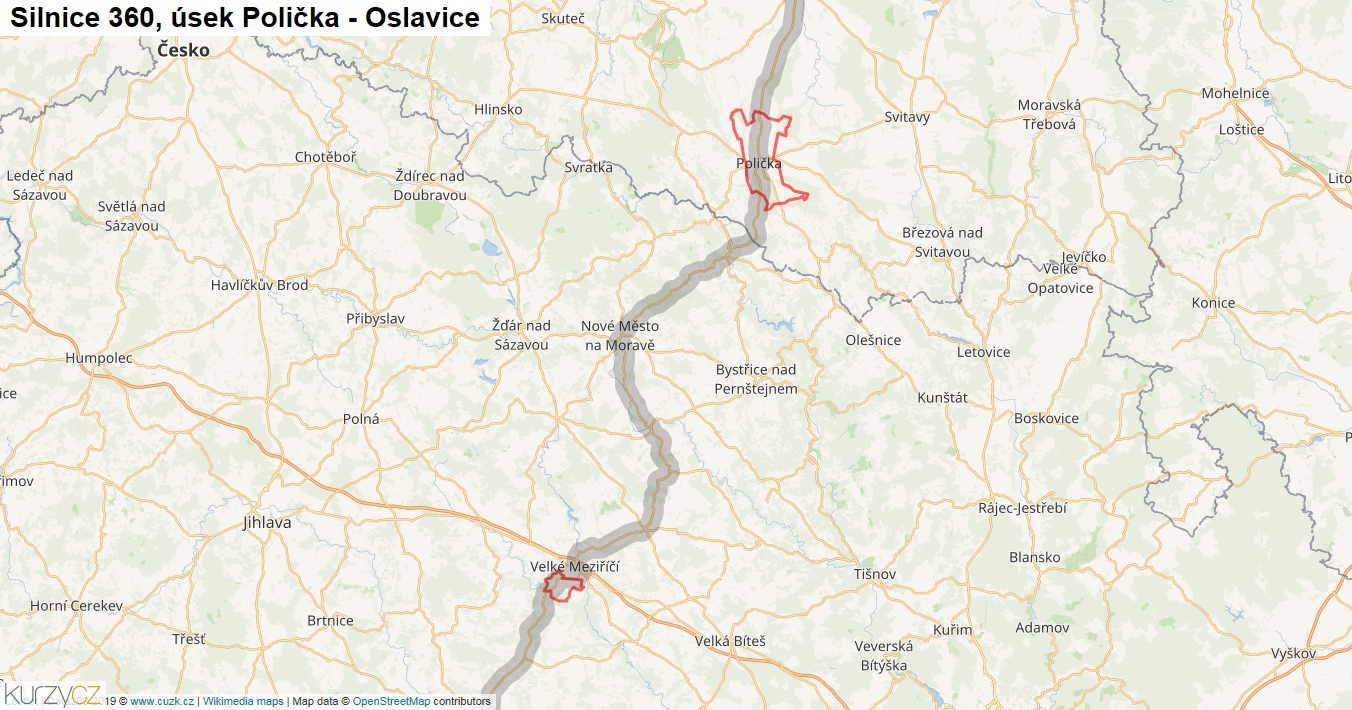 Úsek Polička - Oslavice, Silnice 360 - Mapa