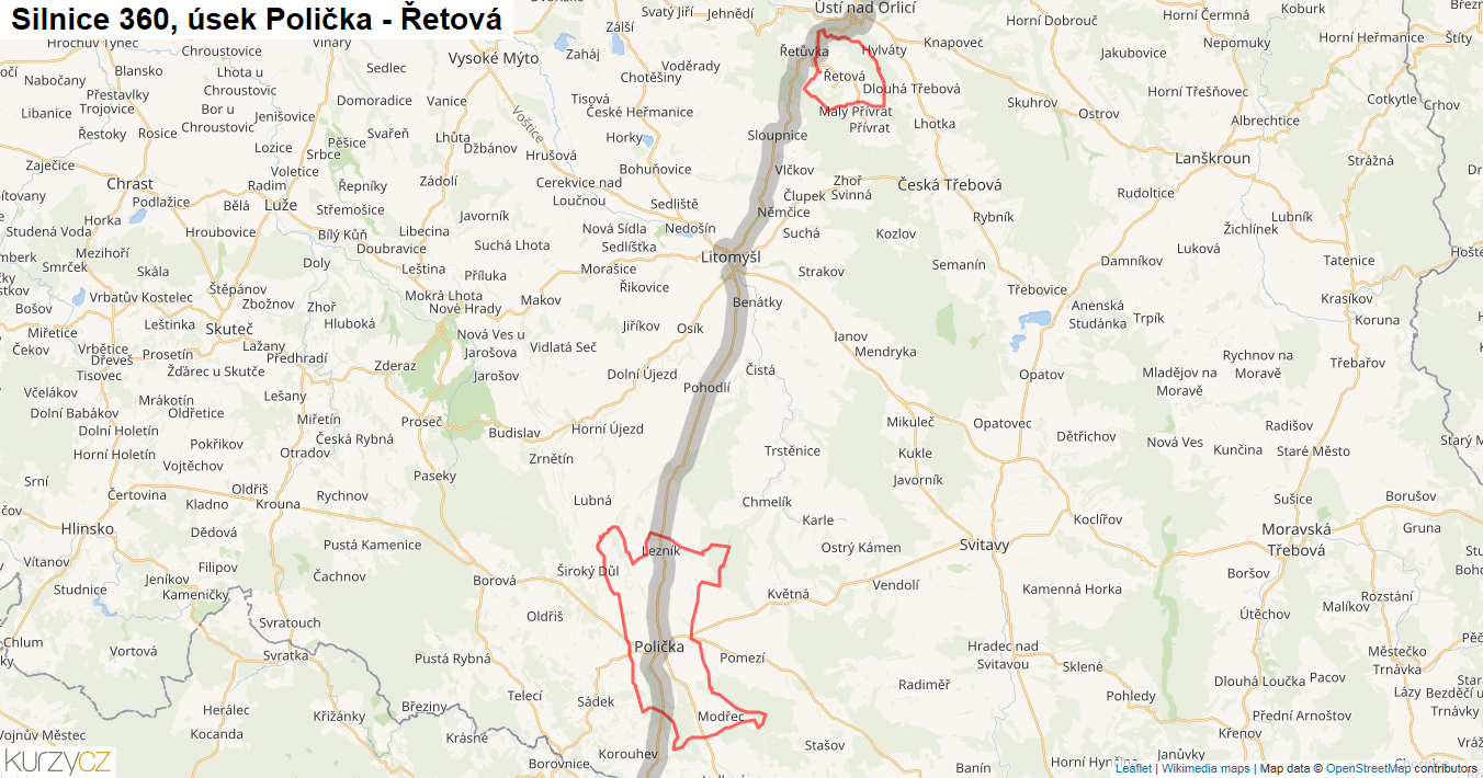 Úsek Polička - Řetová, Silnice 360 - Mapa