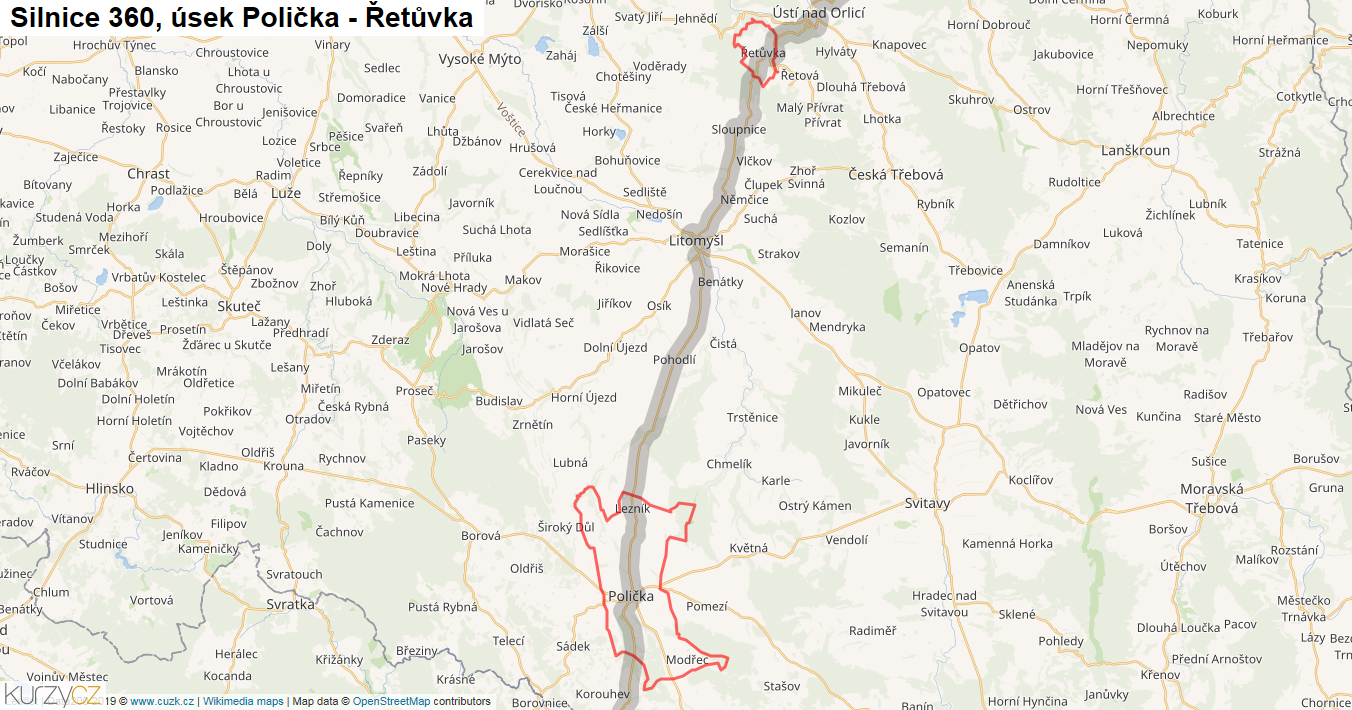 Úsek Polička - Řetůvka, Silnice 360 - Mapa