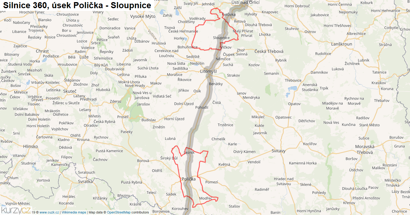 Úsek Polička - Sloupnice, Silnice 360 - Mapa