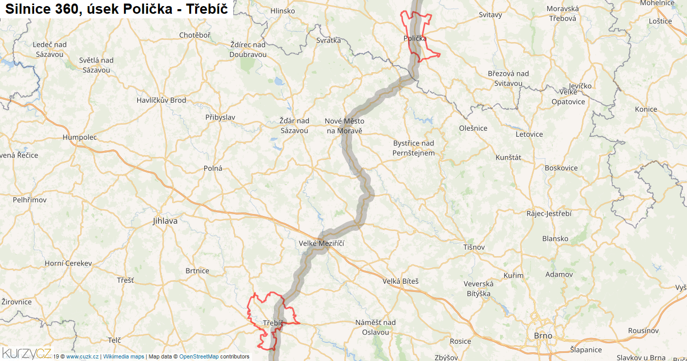 Úsek Polička - Třebíč, Silnice 360 - Mapa