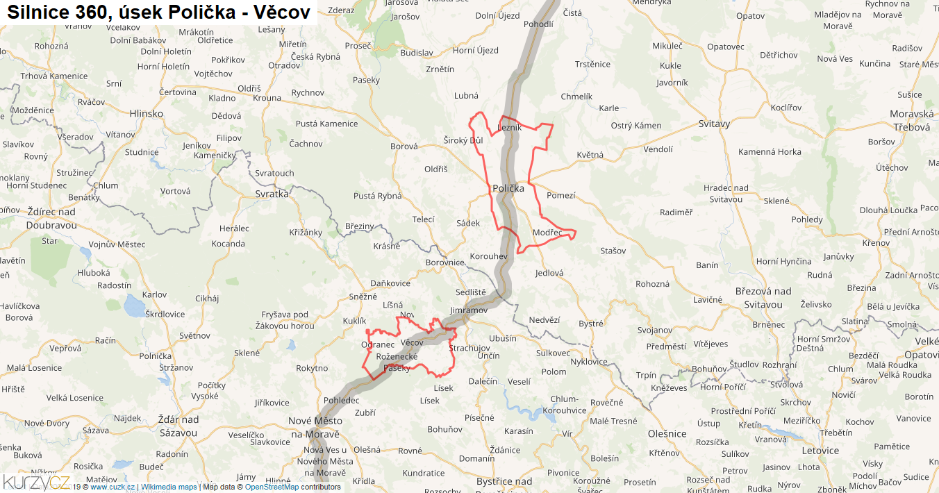 Úsek Polička - Věcov, Silnice 360 - Mapa
