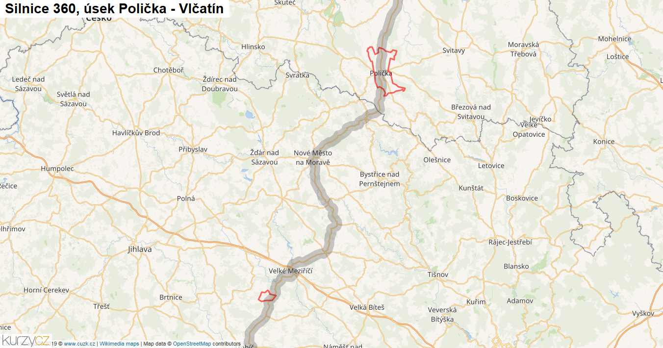 Úsek Polička - Vlčatín, Silnice 360 - Mapa
