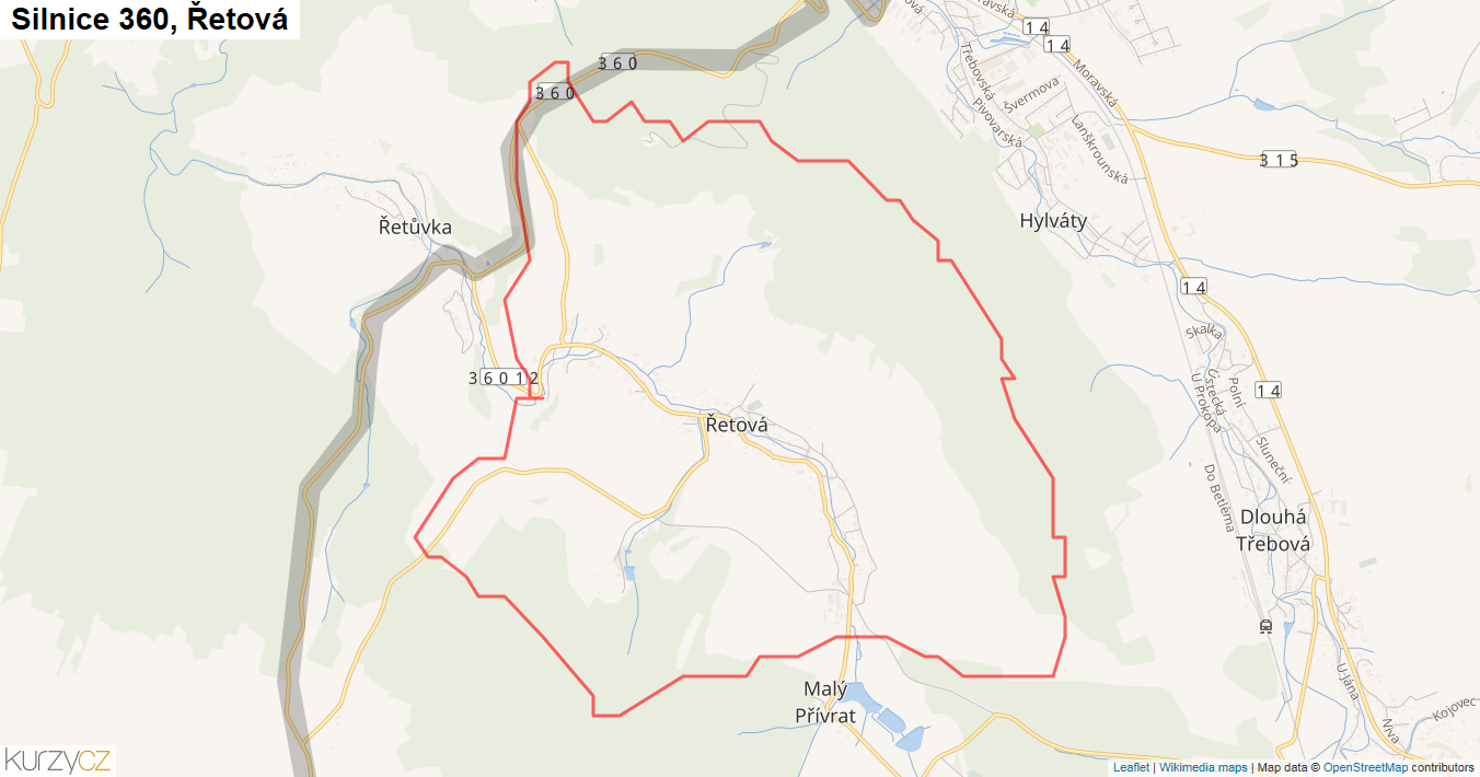 Řetová, Silnice 360 - Mapa