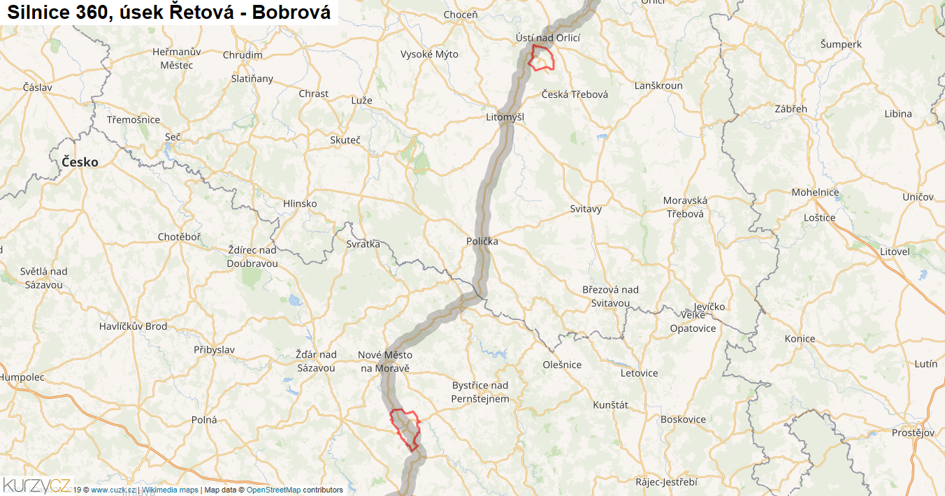 Úsek Řetová - Bobrová, Silnice 360 - Mapa