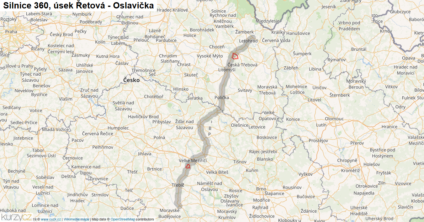 Úsek Řetová - Oslavička, Silnice 360 - Mapa