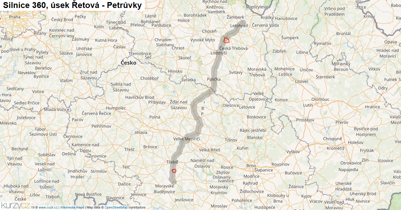 Úsek Řetová - Petrůvky, Silnice 360 - Mapa