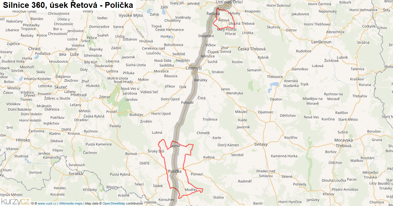 Úsek Řetová - Polička, Silnice 360 - Mapa