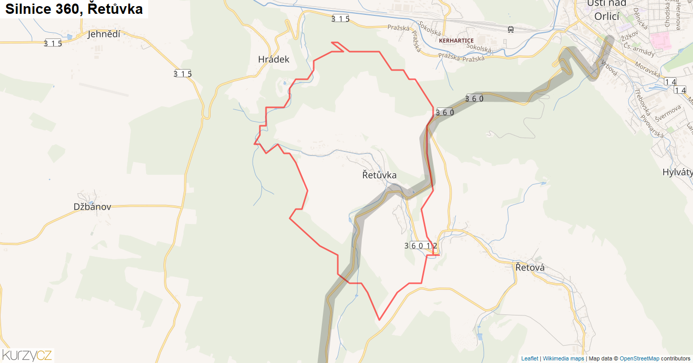 Řetůvka, Silnice 360 - Mapa