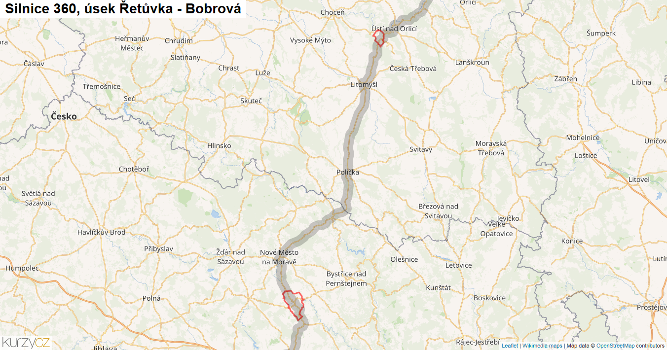 Úsek Řetůvka - Bobrová, Silnice 360 - Mapa