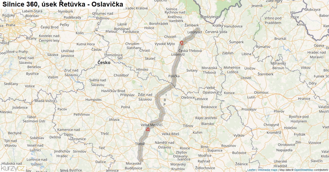 Úsek Řetůvka - Oslavička, Silnice 360 - Mapa