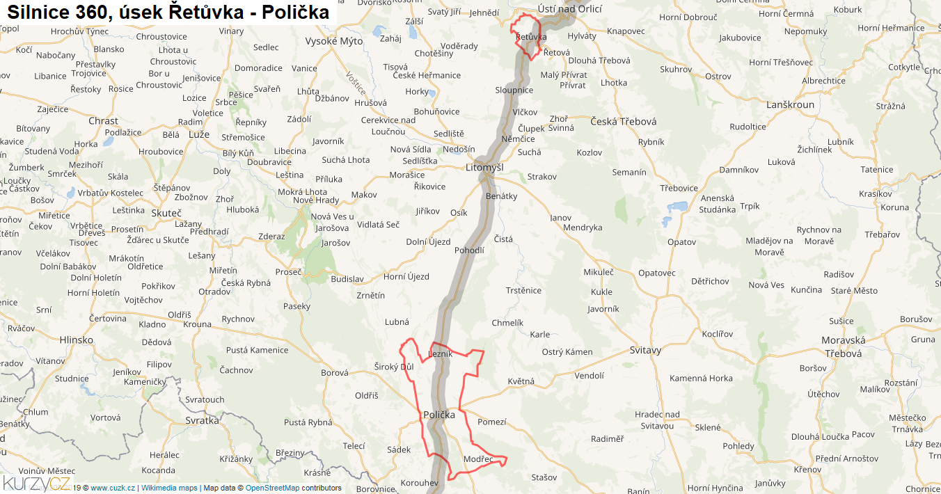 Úsek Řetůvka - Polička, Silnice 360 - Mapa