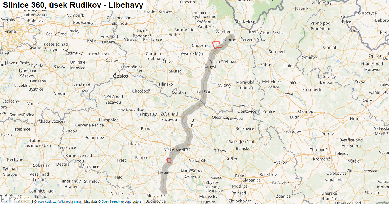 Úsek Rudíkov - Libchavy, Silnice 360 - Mapa
