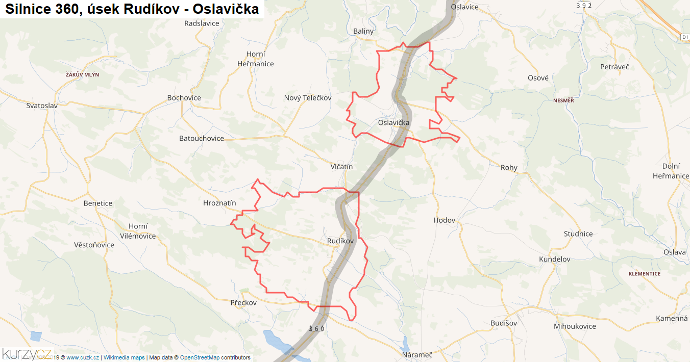 Úsek Rudíkov - Oslavička, Silnice 360 - Mapa