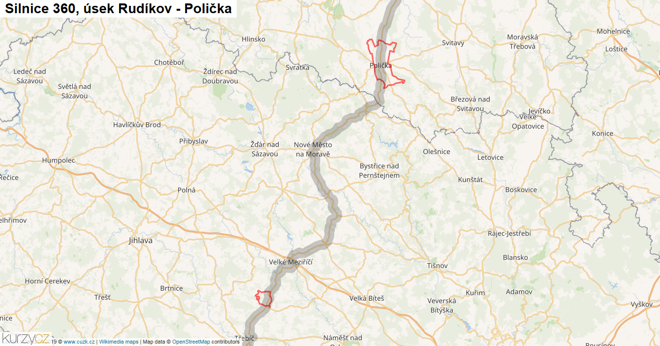 Úsek Rudíkov - Polička, Silnice 360 - Mapa