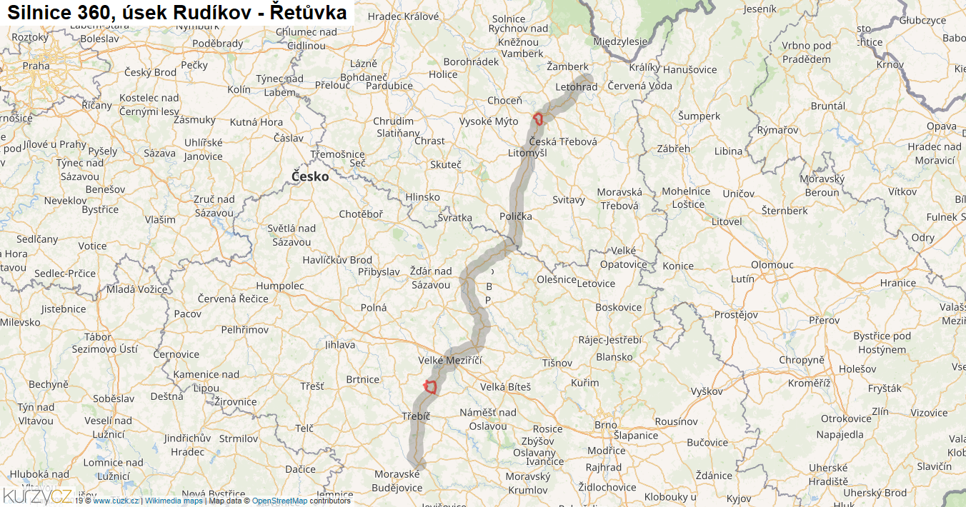 Úsek Rudíkov - Řetůvka, Silnice 360 - Mapa