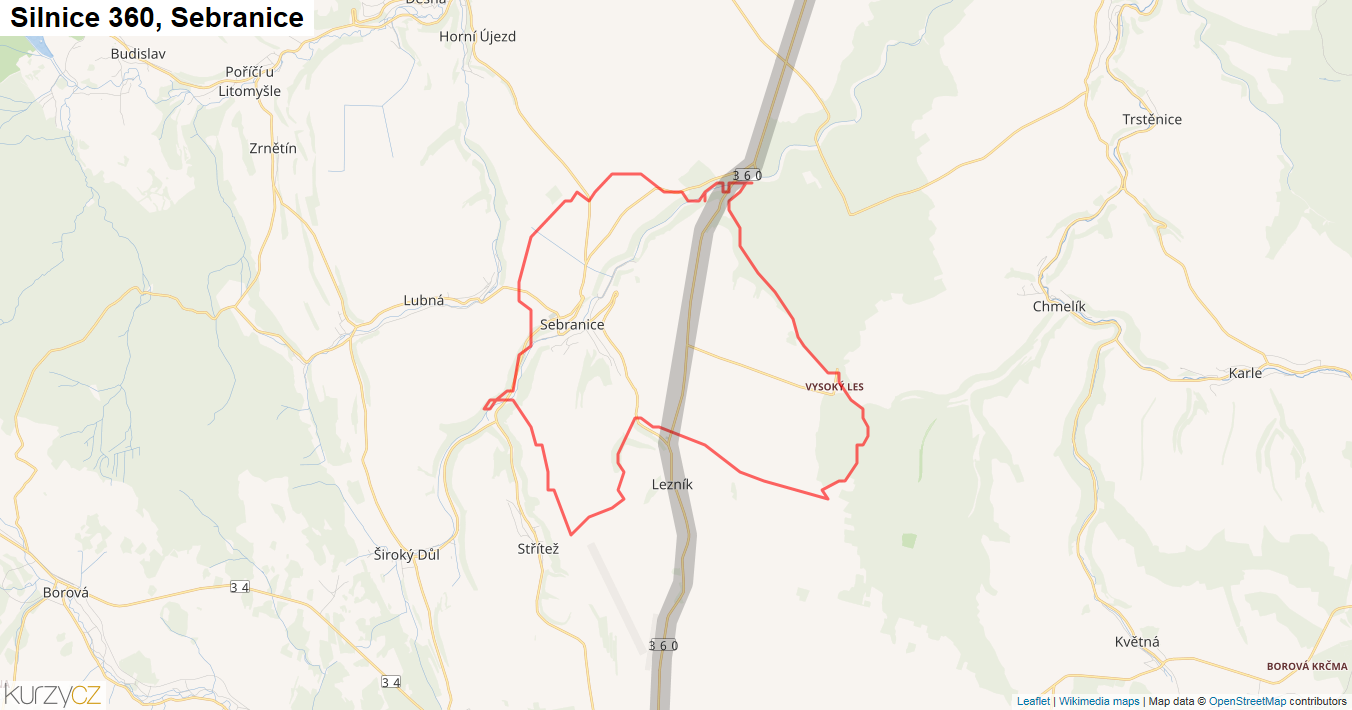 Sebranice, Silnice 360 - Mapa