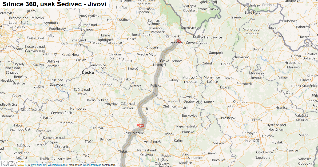 Úsek Šedivec - Jívoví, Silnice 360 - Mapa