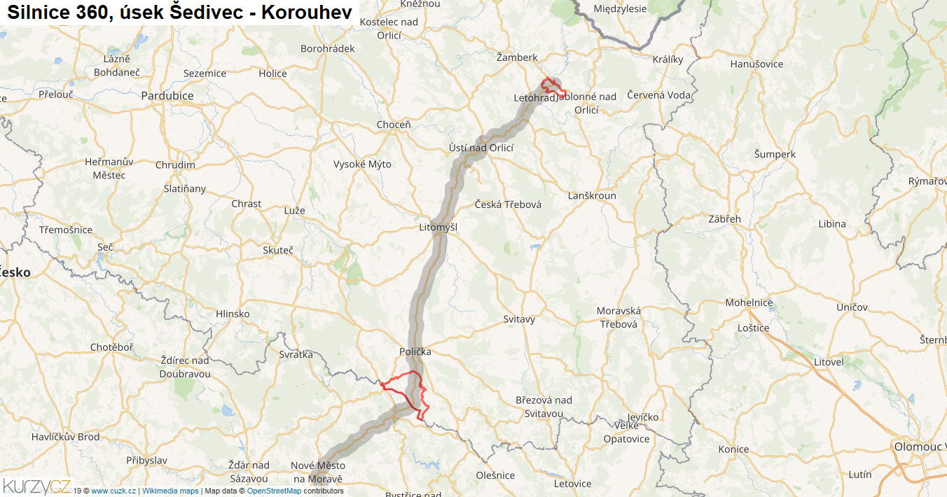 Úsek Šedivec - Korouhev, Silnice 360 - Mapa