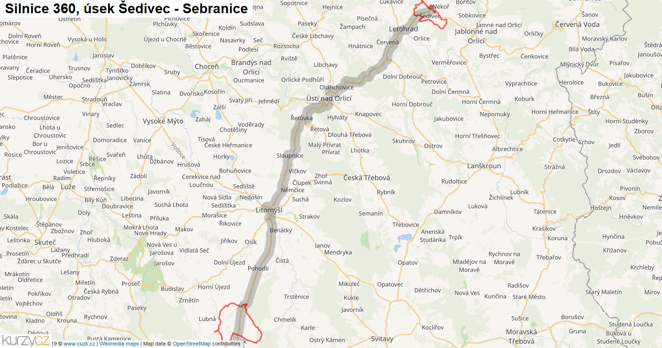 Úsek Šedivec - Sebranice, Silnice 360 - Mapa
