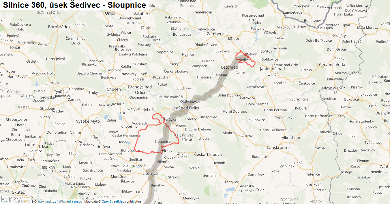 Úsek Šedivec - Sloupnice, Silnice 360 - Mapa