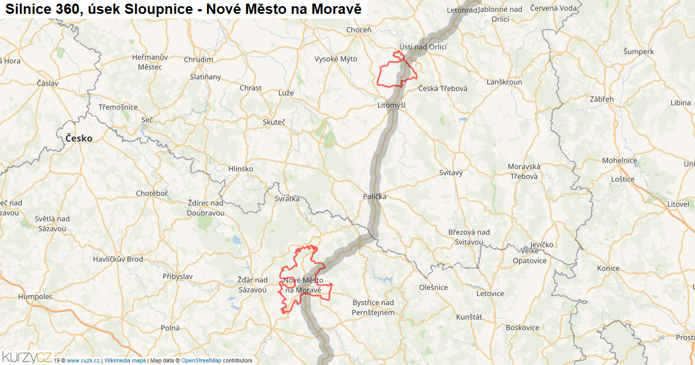 Úsek Sloupnice - Nové Město na Moravě, Silnice 360 - Mapa
