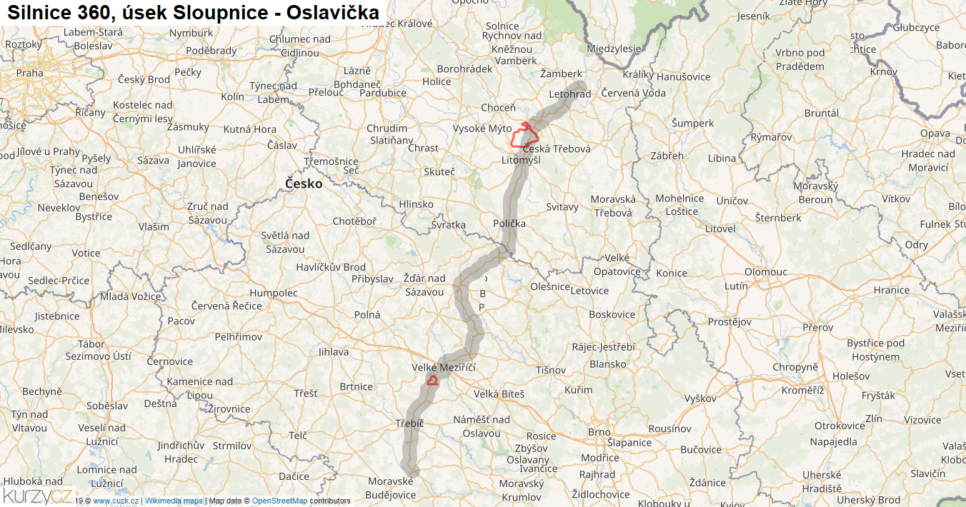Úsek Sloupnice - Oslavička, Silnice 360 - Mapa