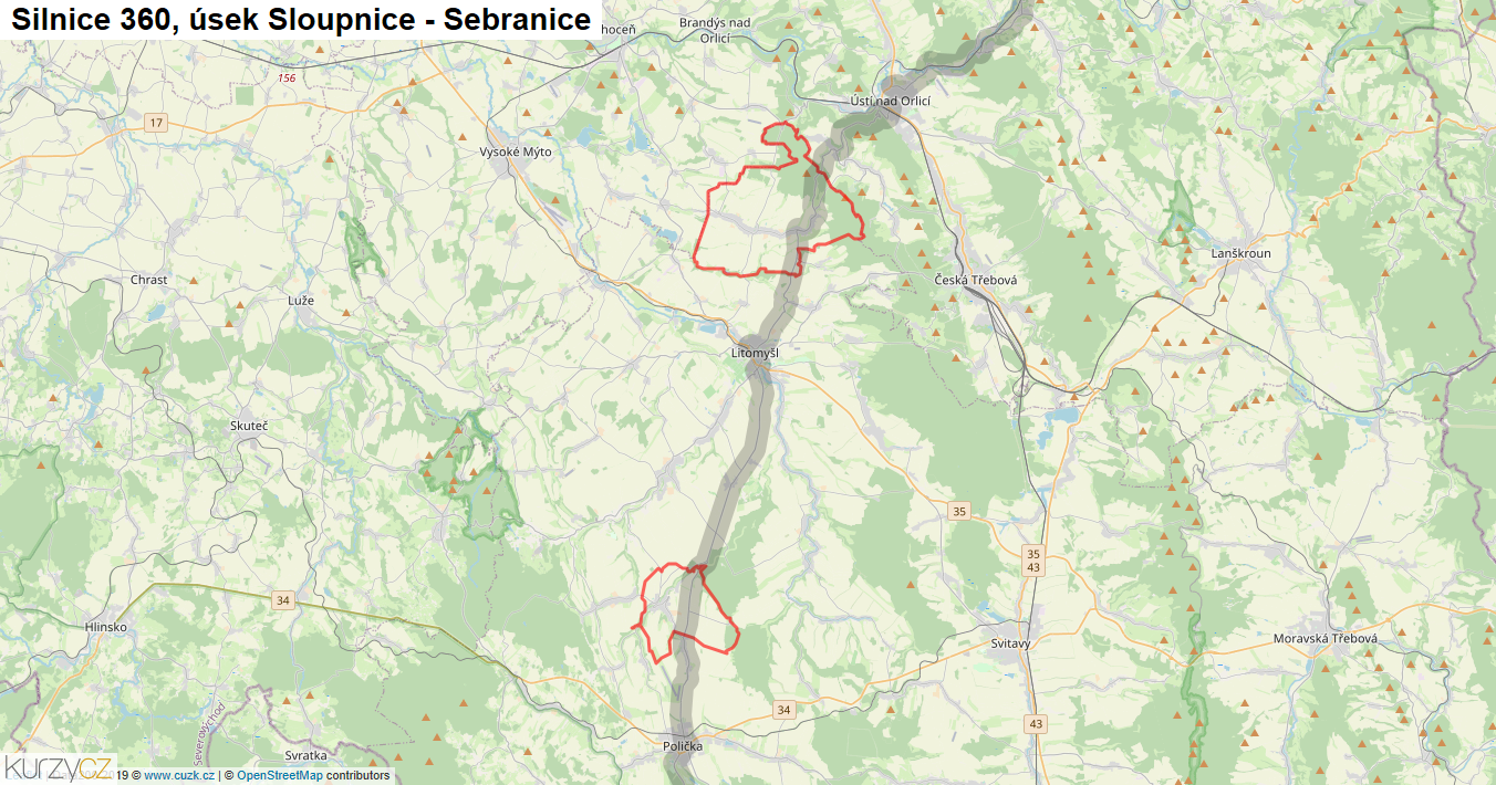 Úsek Sloupnice - Sebranice, Silnice 360 - Mapa