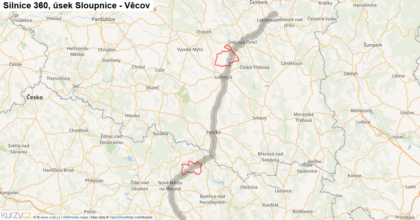 Úsek Sloupnice - Věcov, Silnice 360 - Mapa