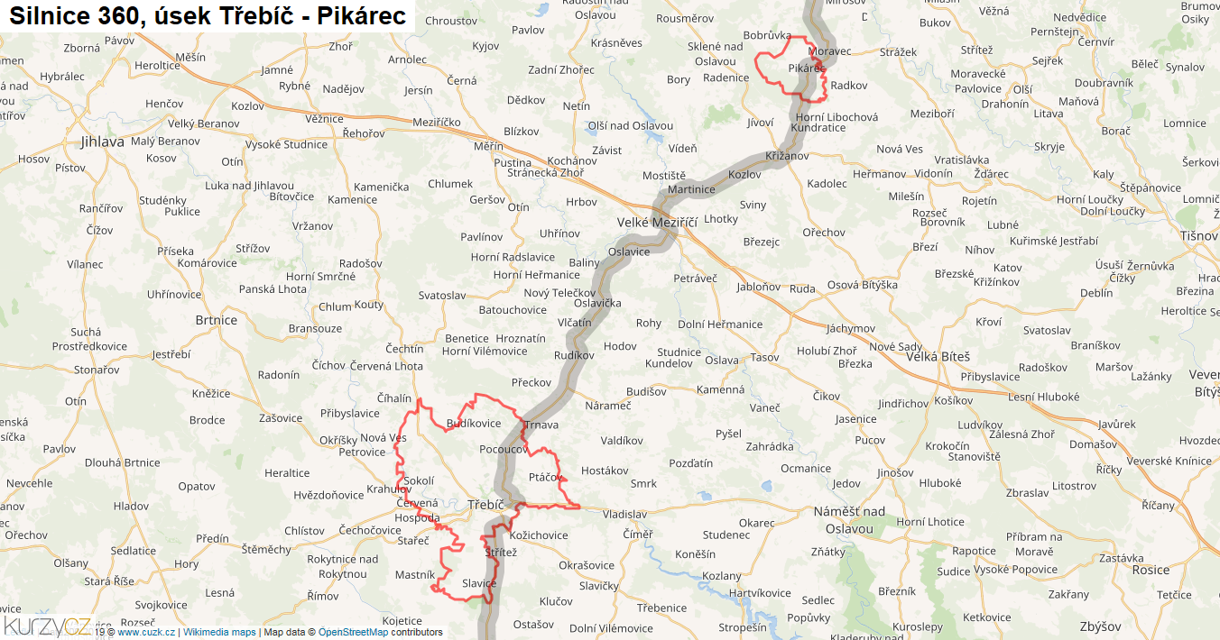 Úsek Třebíč - Pikárec, Silnice 360 - Mapa