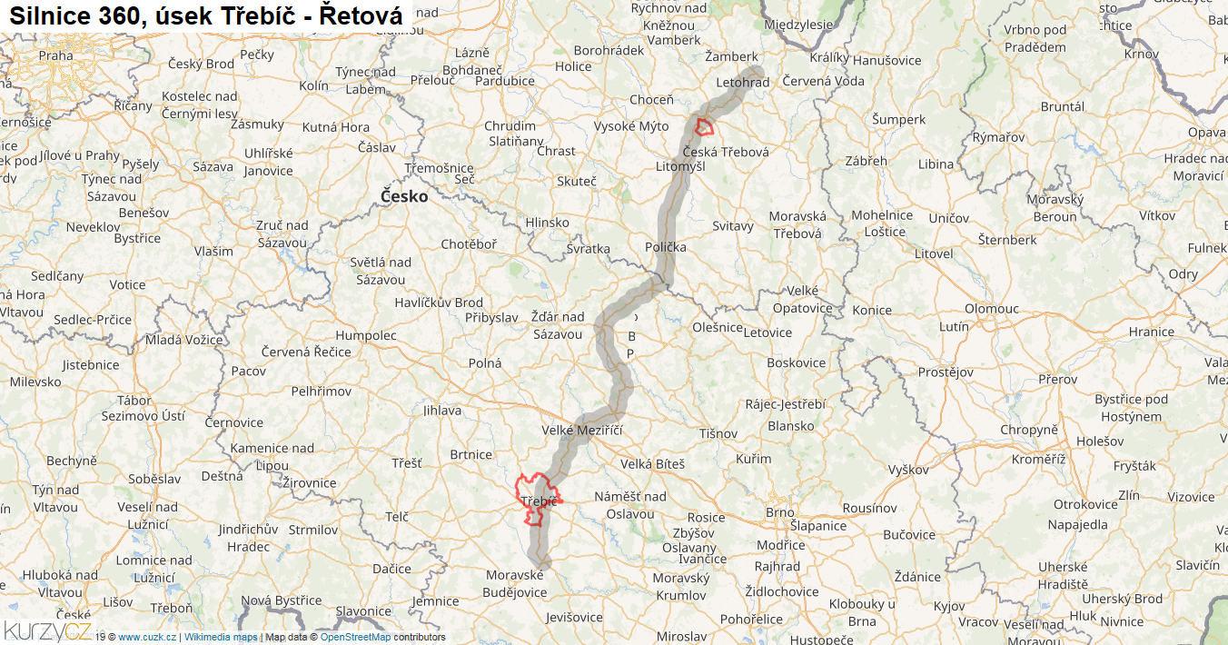 Úsek Třebíč - Řetová, Silnice 360 - Mapa