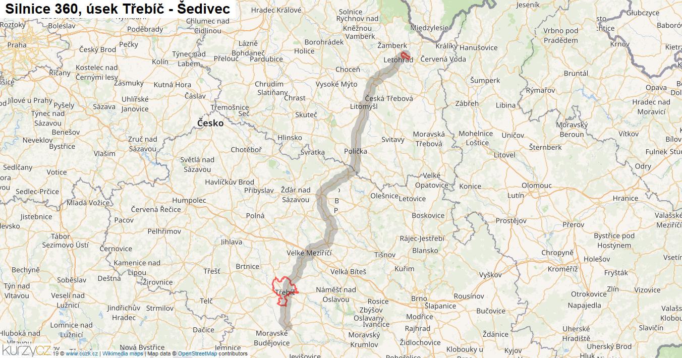 Úsek Třebíč - Šedivec, Silnice 360 - Mapa