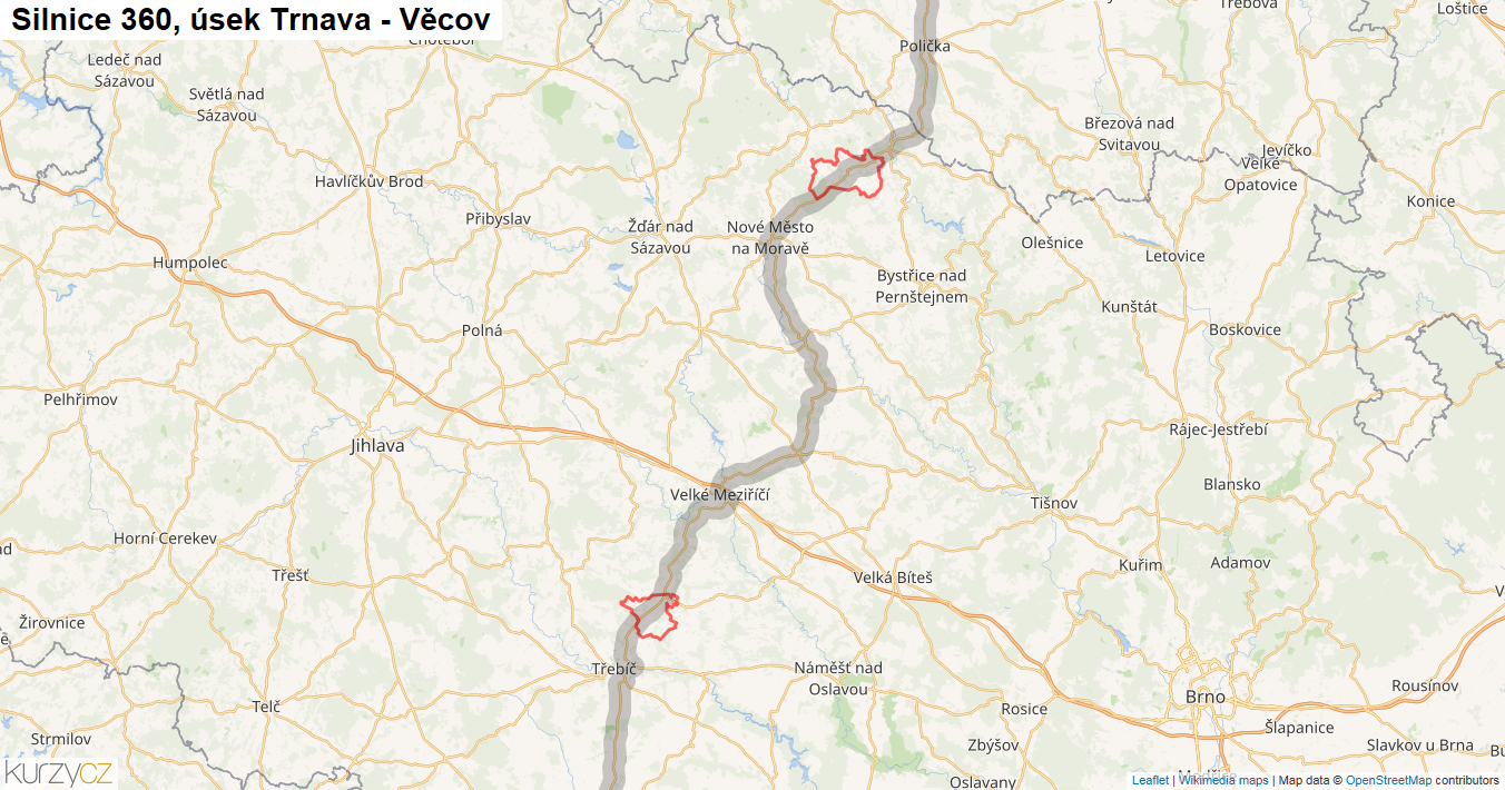 Úsek Trnava - Věcov, Silnice 360 - Mapa