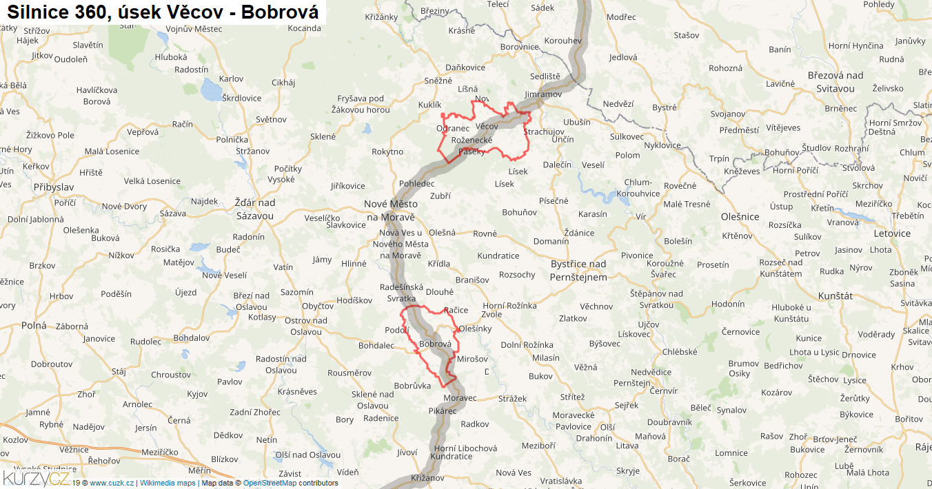 Úsek Věcov - Bobrová, Silnice 360 - Mapa