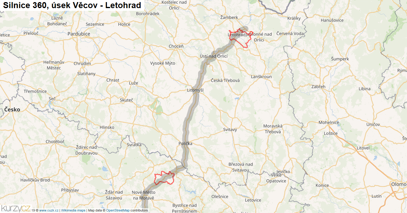 Úsek Věcov - Letohrad, Silnice 360 - Mapa