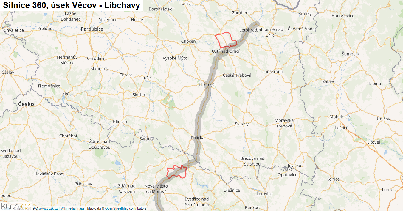 Úsek Věcov - Libchavy, Silnice 360 - Mapa