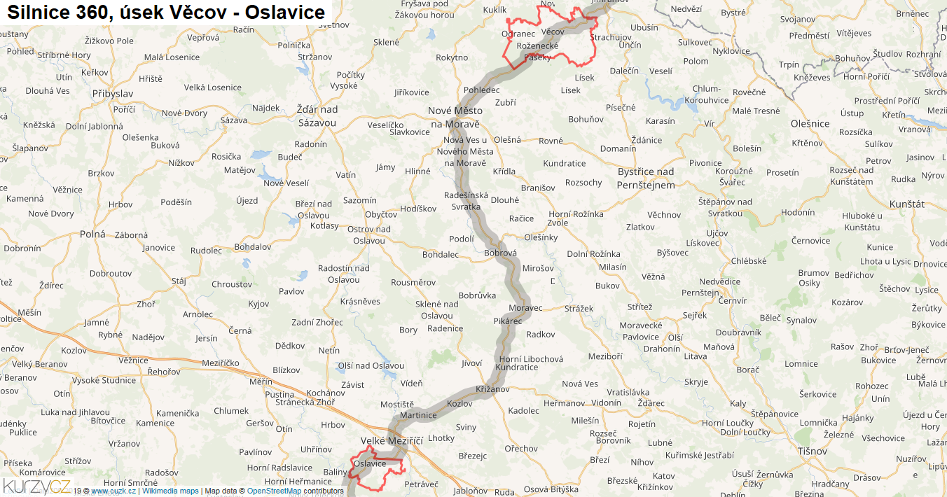 Úsek Věcov - Oslavice, Silnice 360 - Mapa