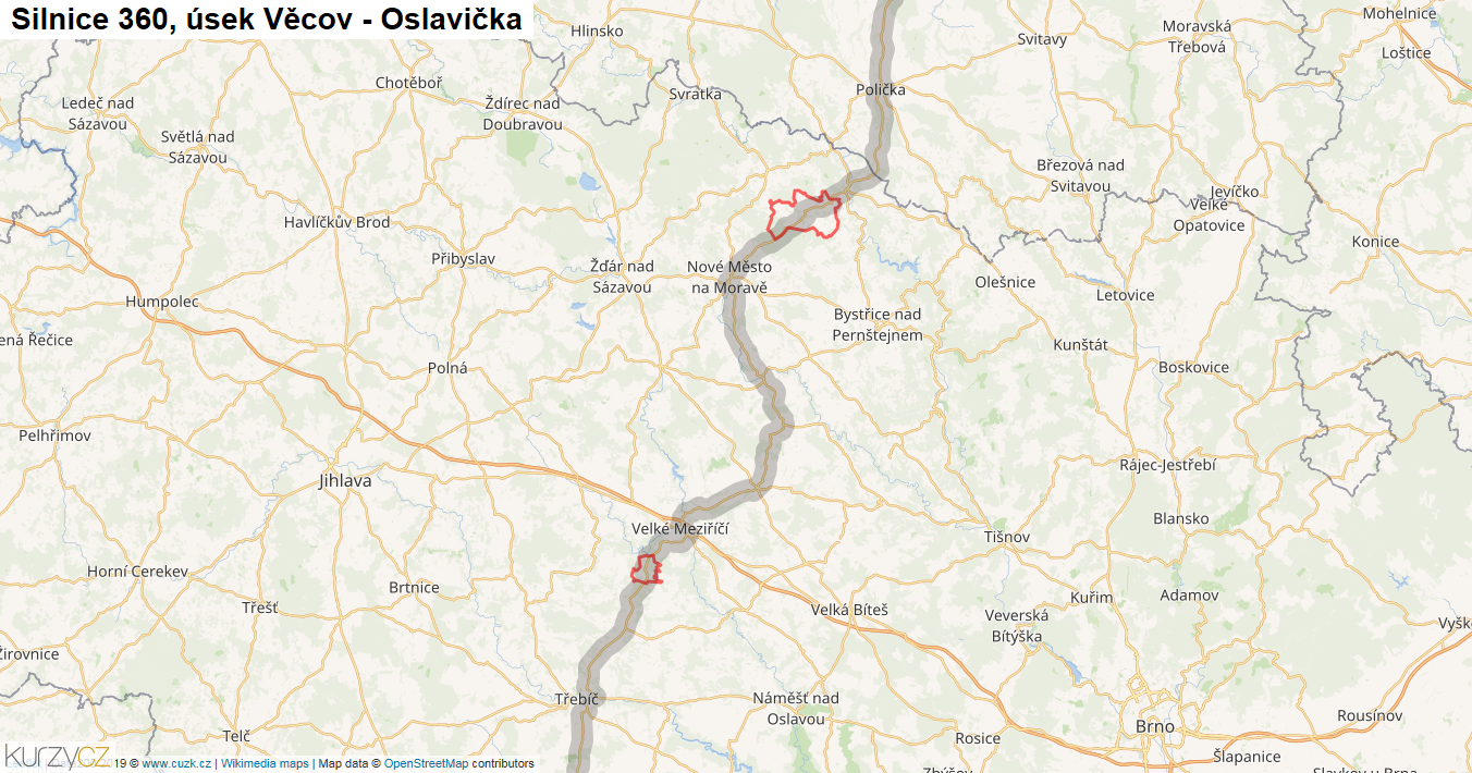 Úsek Věcov - Oslavička, Silnice 360 - Mapa