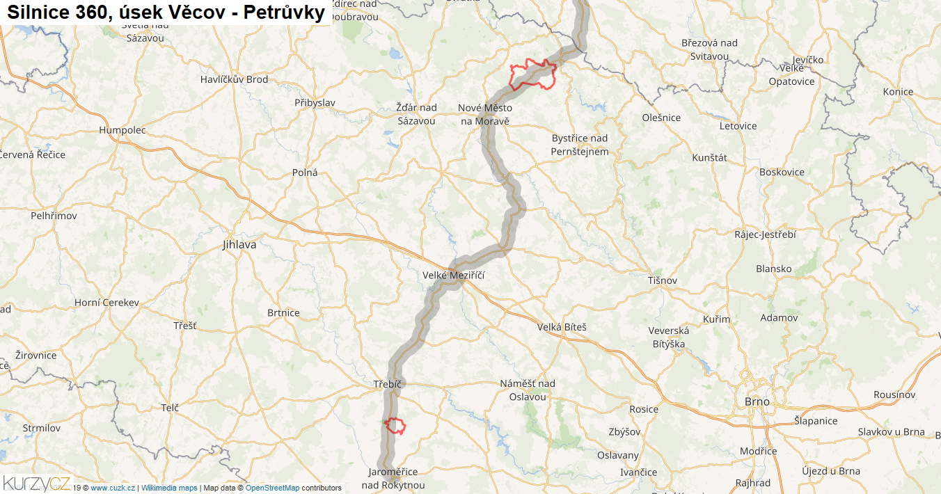 Úsek Věcov - Petrůvky, Silnice 360 - Mapa