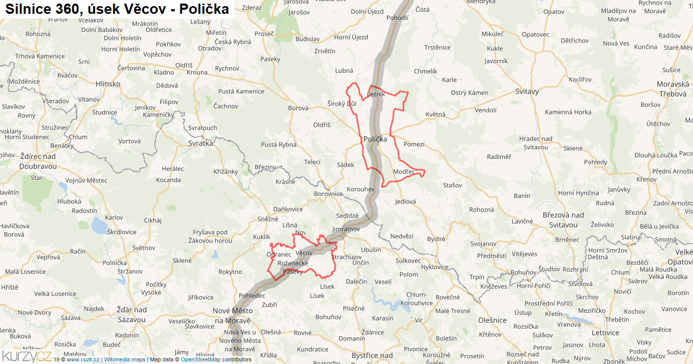 Úsek Věcov - Polička, Silnice 360 - Mapa