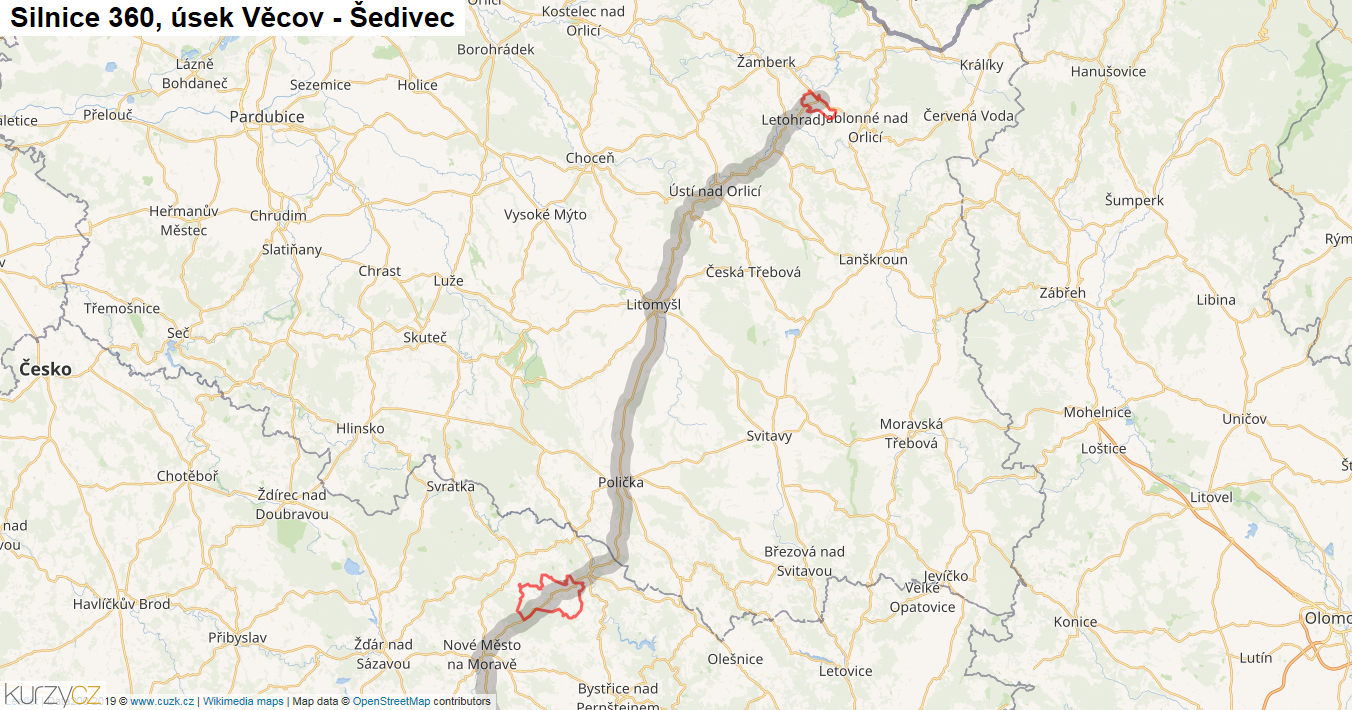 Úsek Věcov - Šedivec, Silnice 360 - Mapa