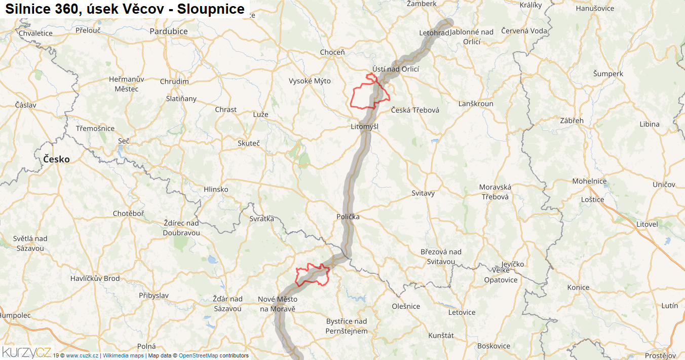 Úsek Věcov - Sloupnice, Silnice 360 - Mapa