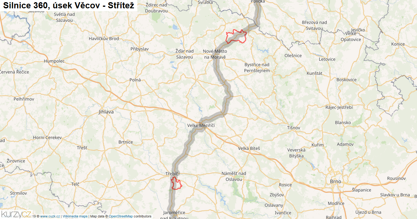 Úsek Věcov - Střítež, Silnice 360 - Mapa