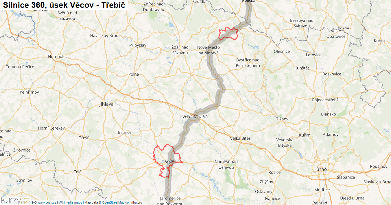 Úsek Věcov - Třebíč, Silnice 360 - Mapa