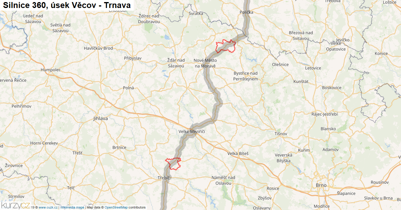 Úsek Věcov - Trnava, Silnice 360 - Mapa