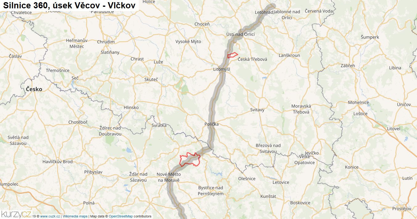 Úsek Věcov - Vlčkov, Silnice 360 - Mapa