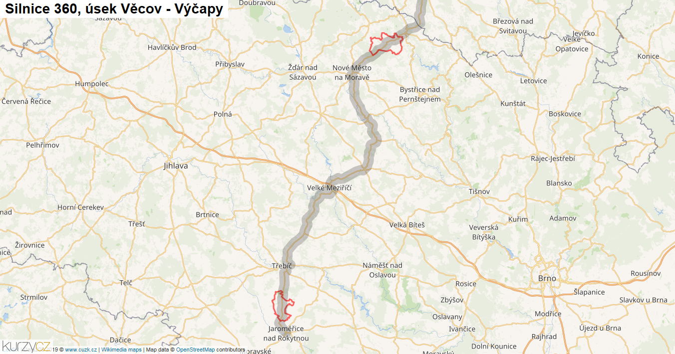 Úsek Věcov - Výčapy, Silnice 360 - Mapa